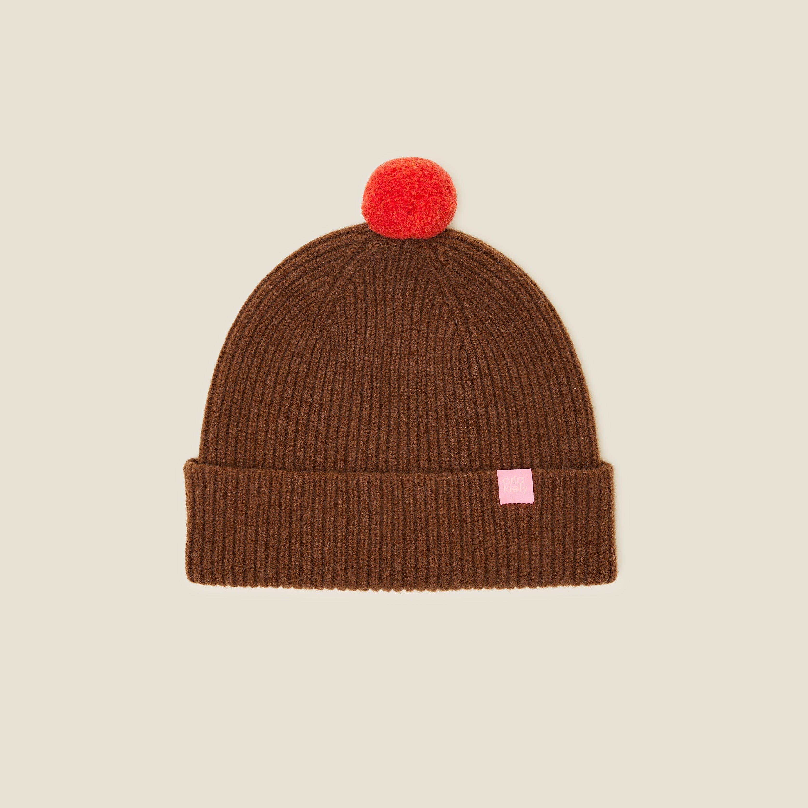 Contrast Pom Wool Beanie - Orange Sienna