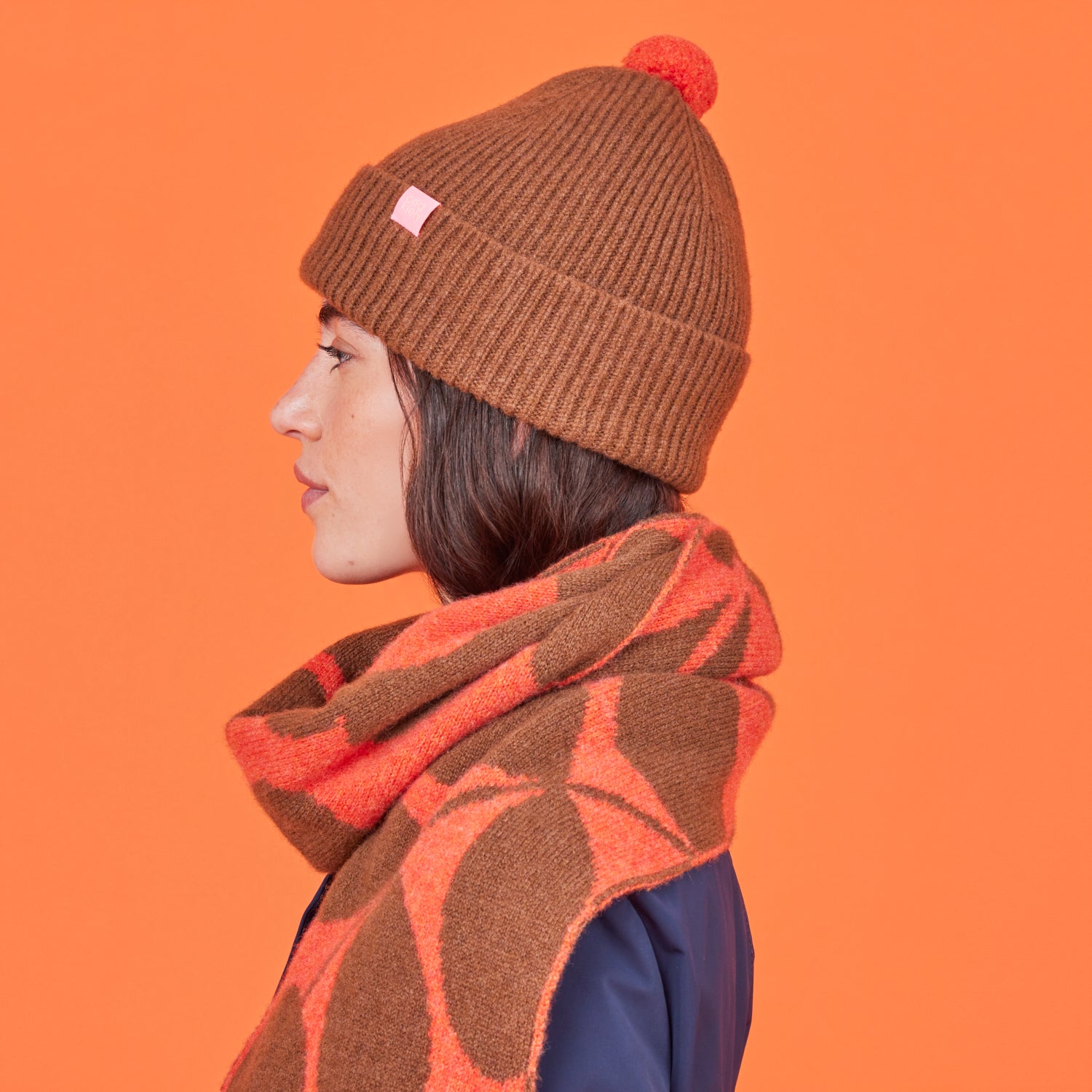 Contrast Pom Wool Beanie - Orange Sienna