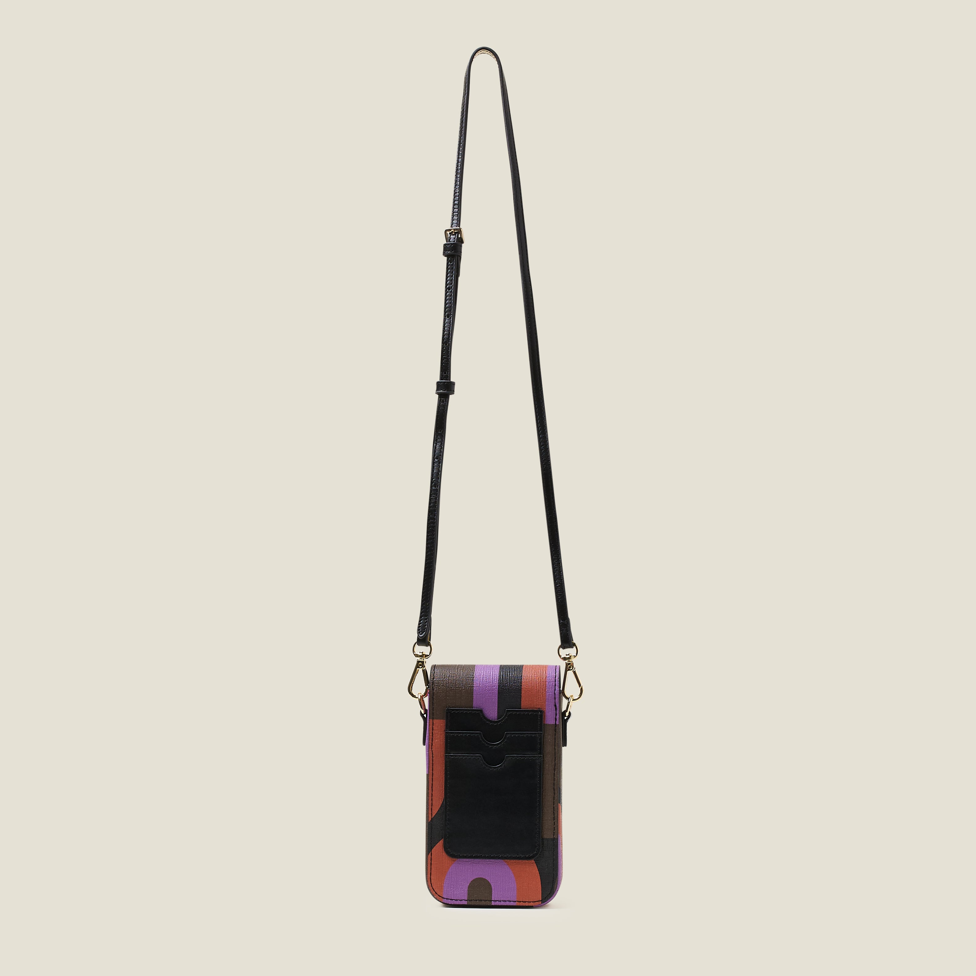 Back view of a purple patterned phone pouch or bag with a crossbody strap three card slot details.