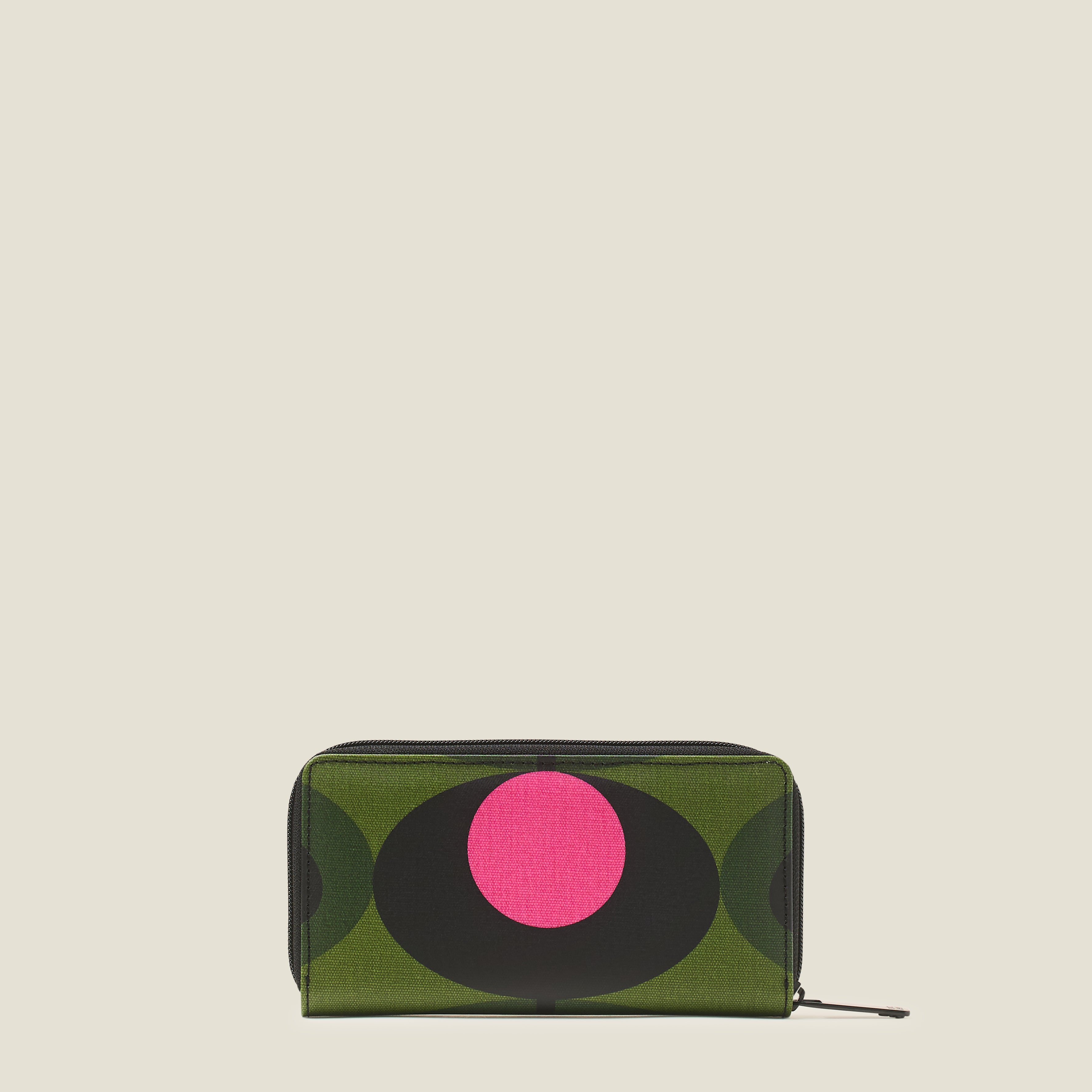Back view of women's large wallet in green print with pink in coated cotton and zip closure.
