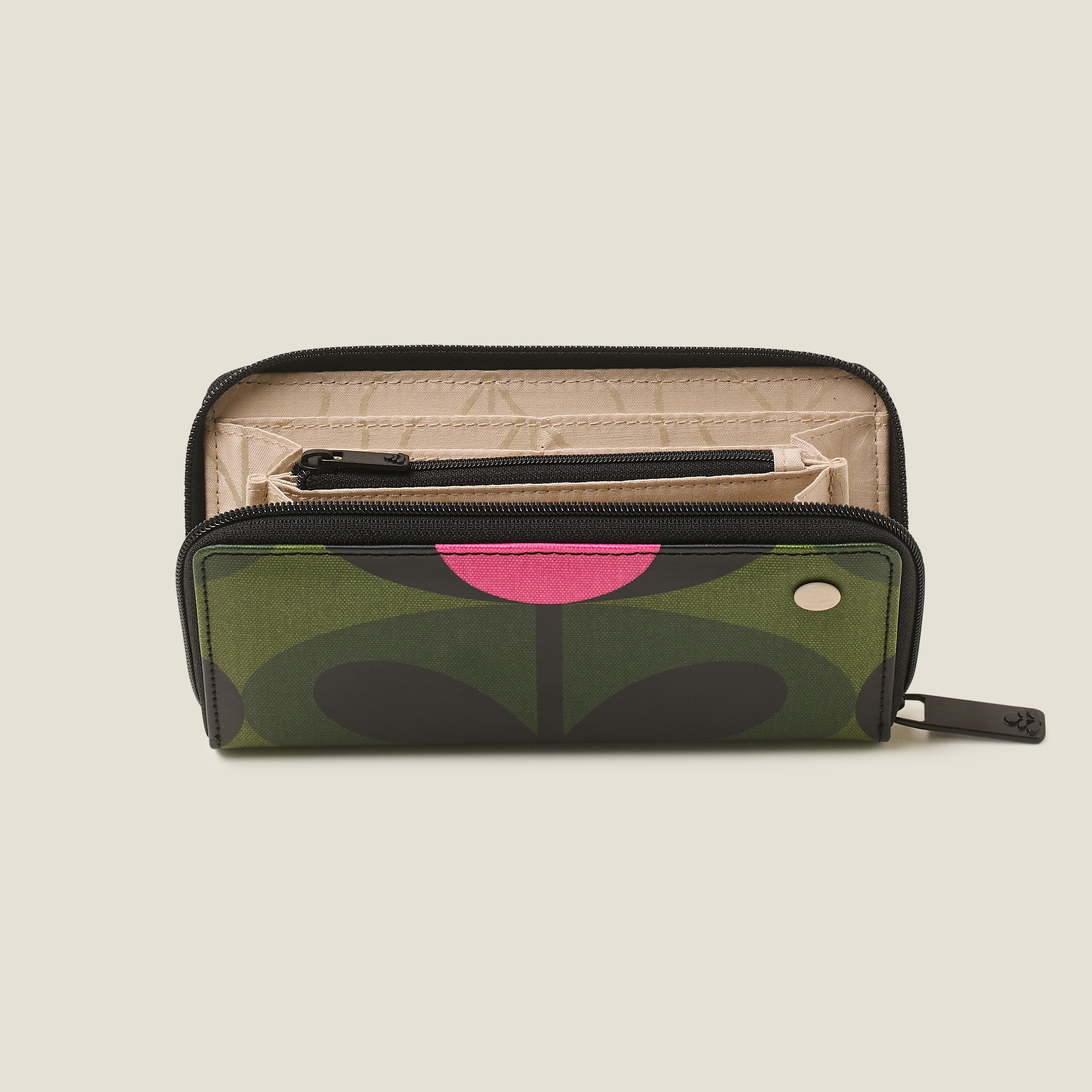 Inside view of women's large wallet, with card slots, branded lining and zip internal coin pouch and zip closure.