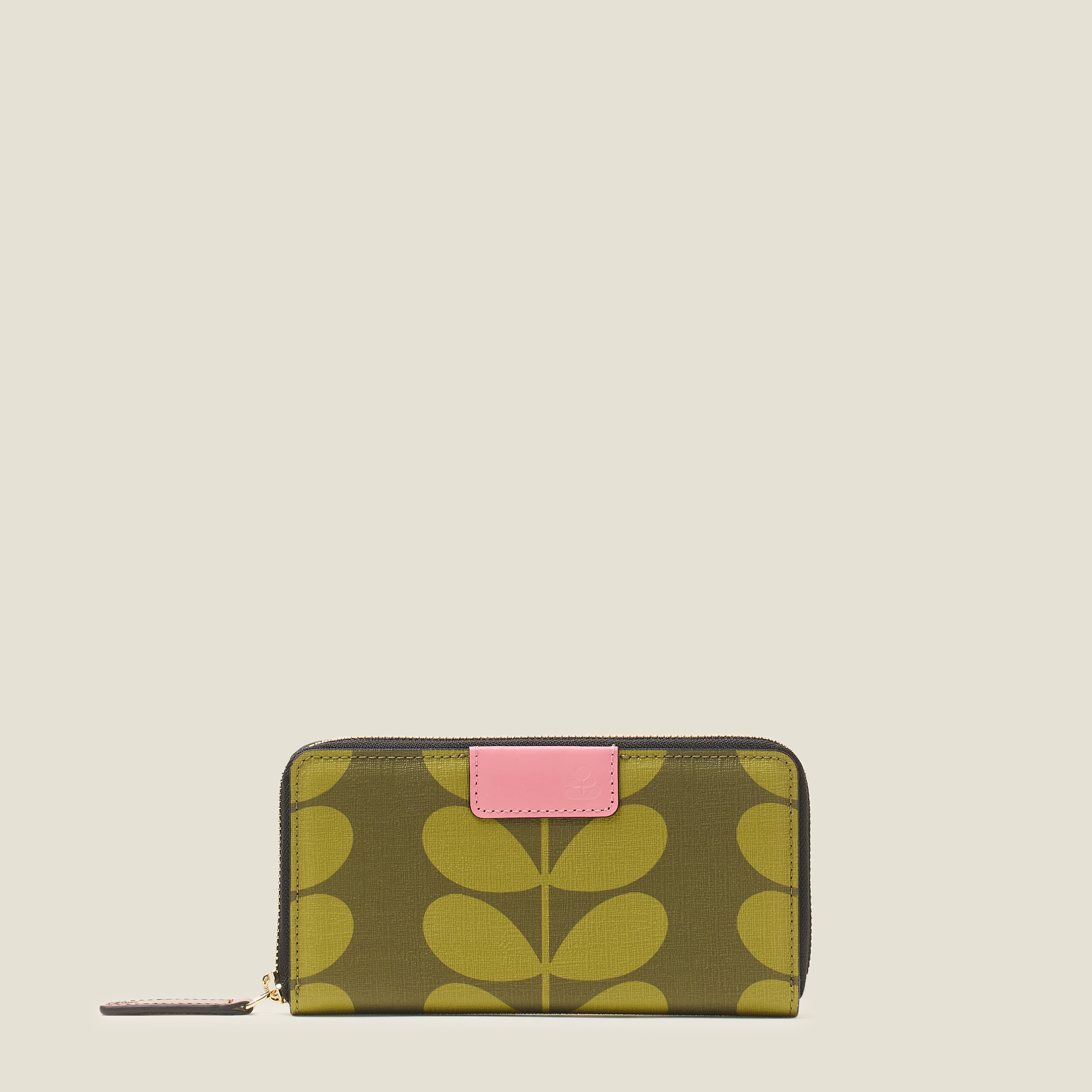 Front view of the Orla Kiely Forget Me Not Wallet in olive green stem print, with zip closure and pink leather trims.