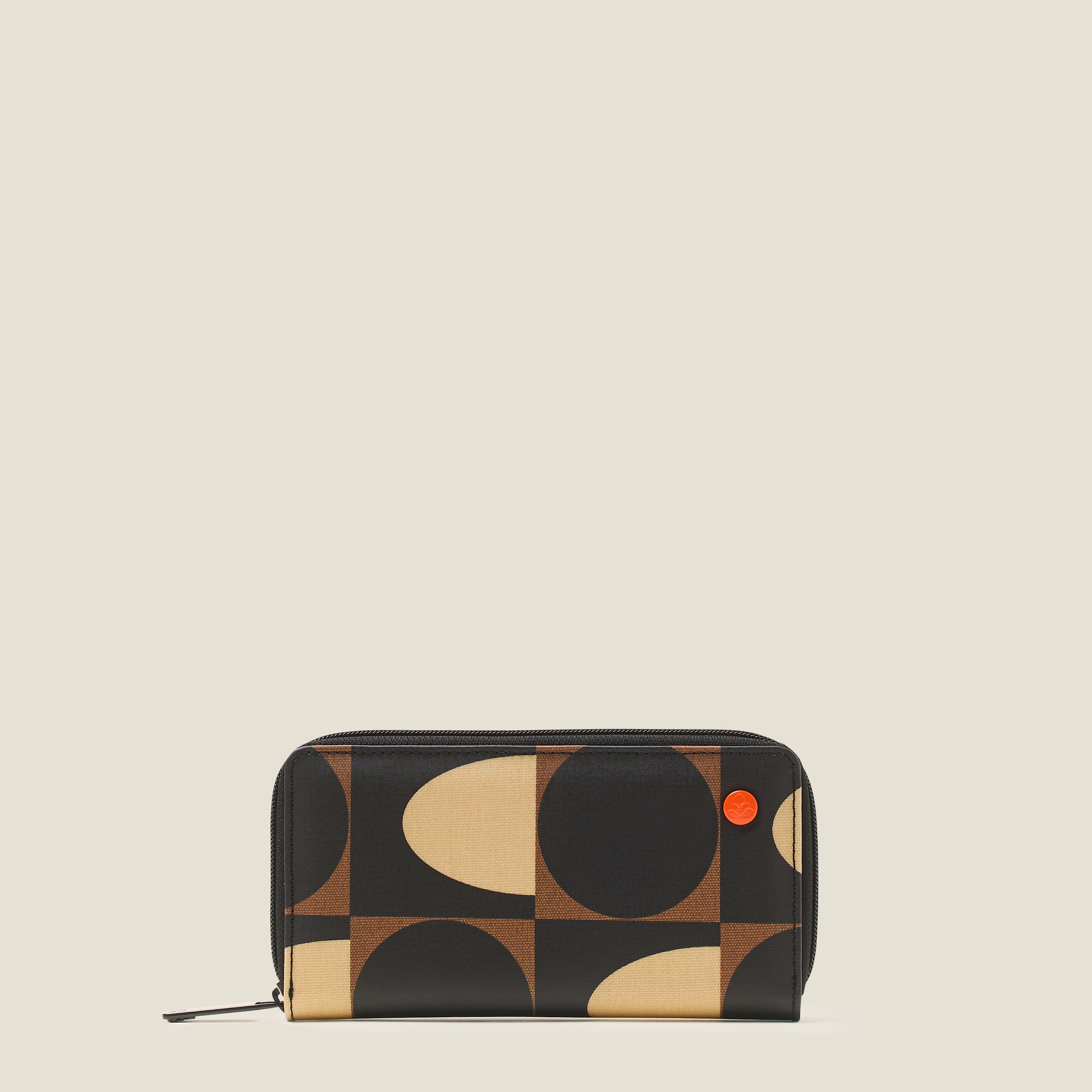 Front view of the Orla Kiely Forget Me Not Wallet in mocha brown, cream and black with orange Orla Kiely branding.