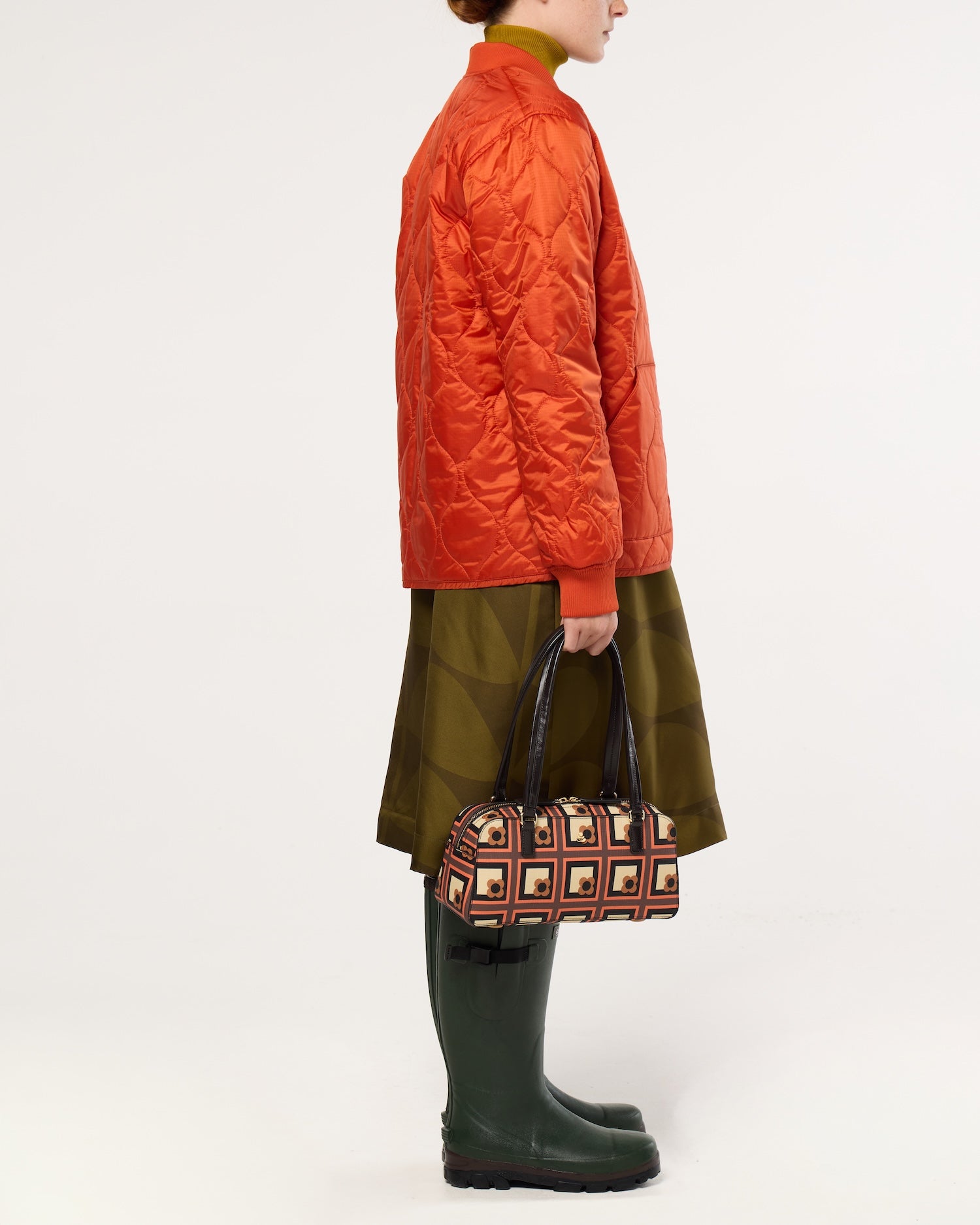 Long Block Bowling Bag - Retro Flower Check Orange
