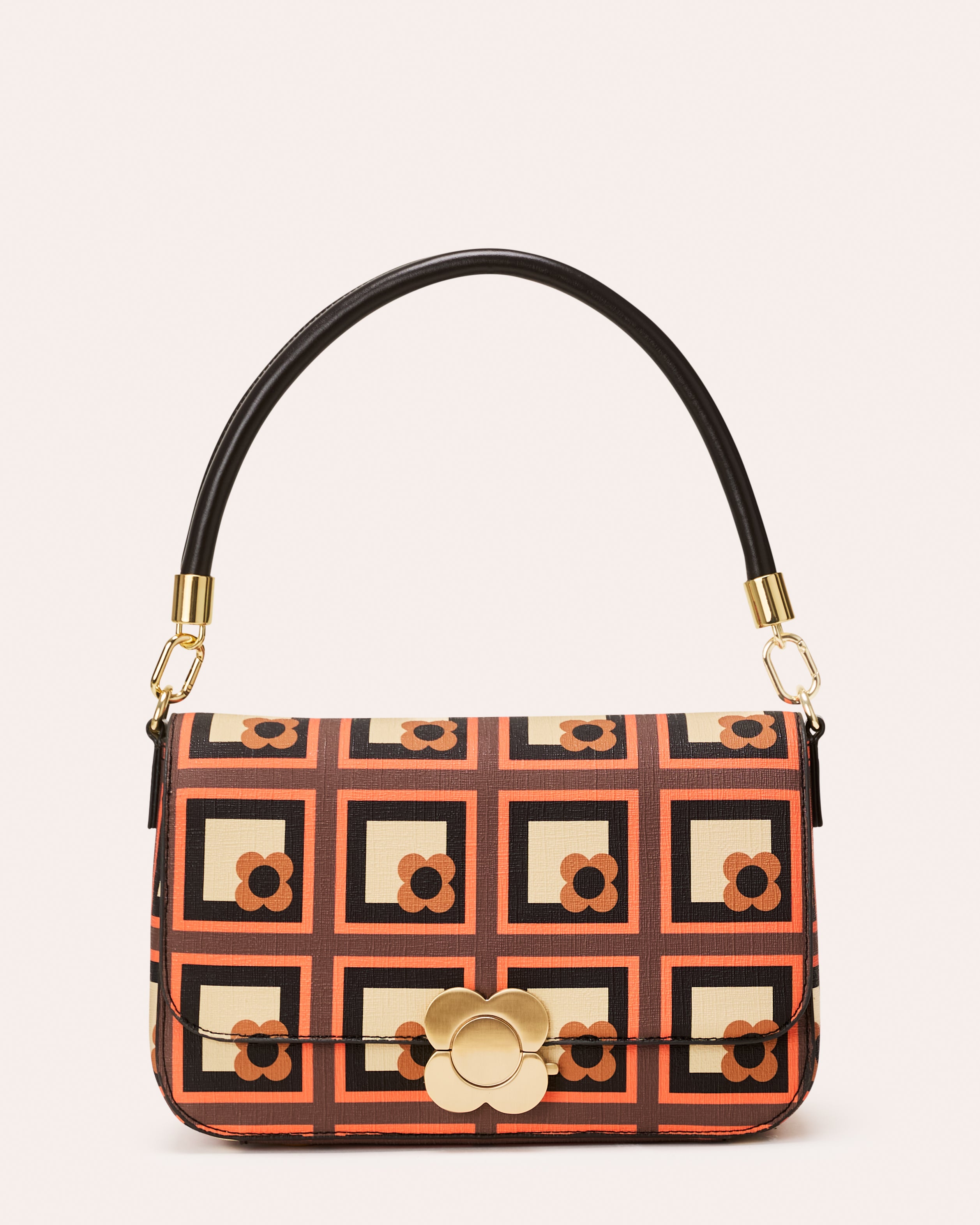 Large Vera Shoulder Bag - Retro Flower Check Orange