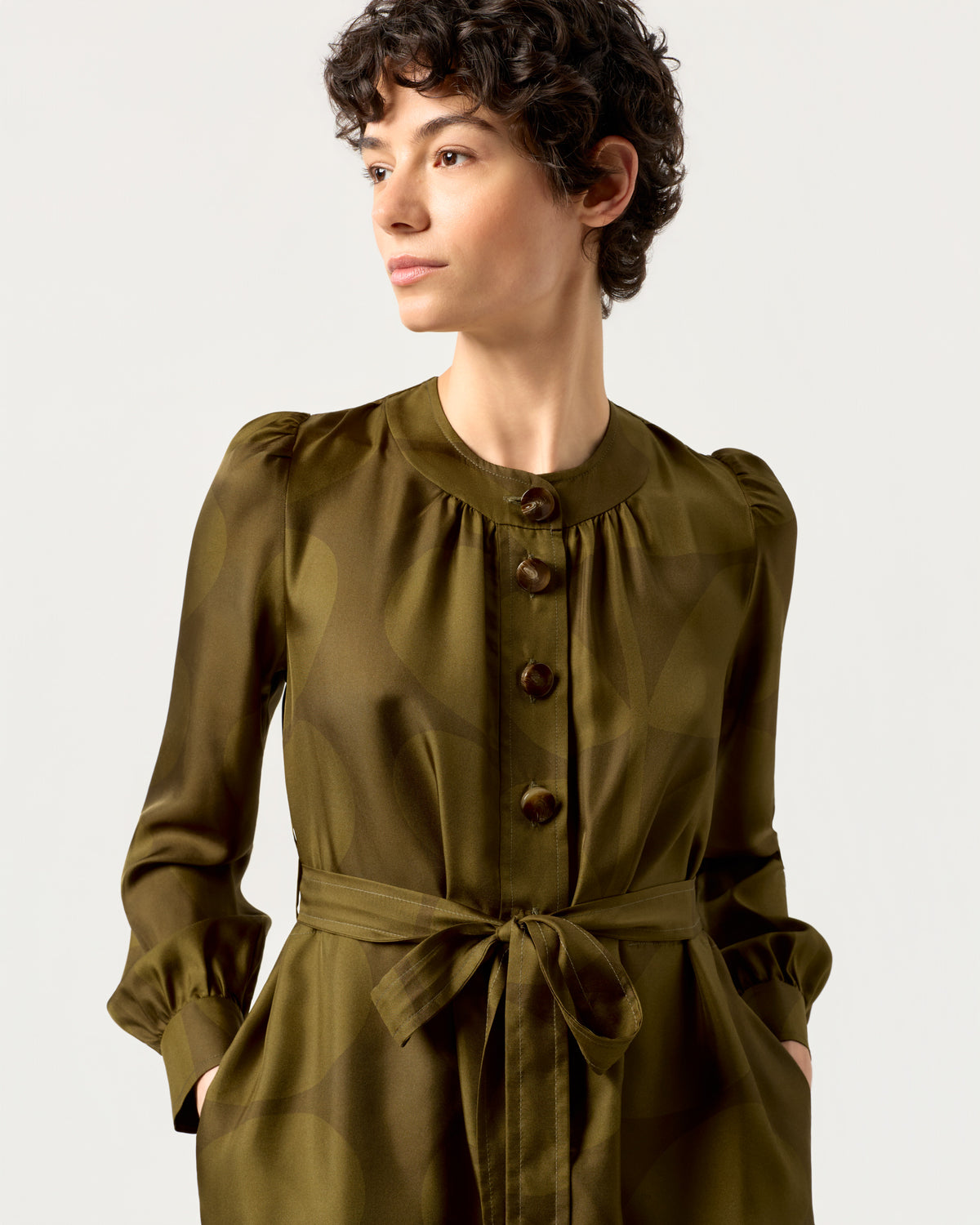 Dora Silk Dress - Solid Stem Khaki and Fern