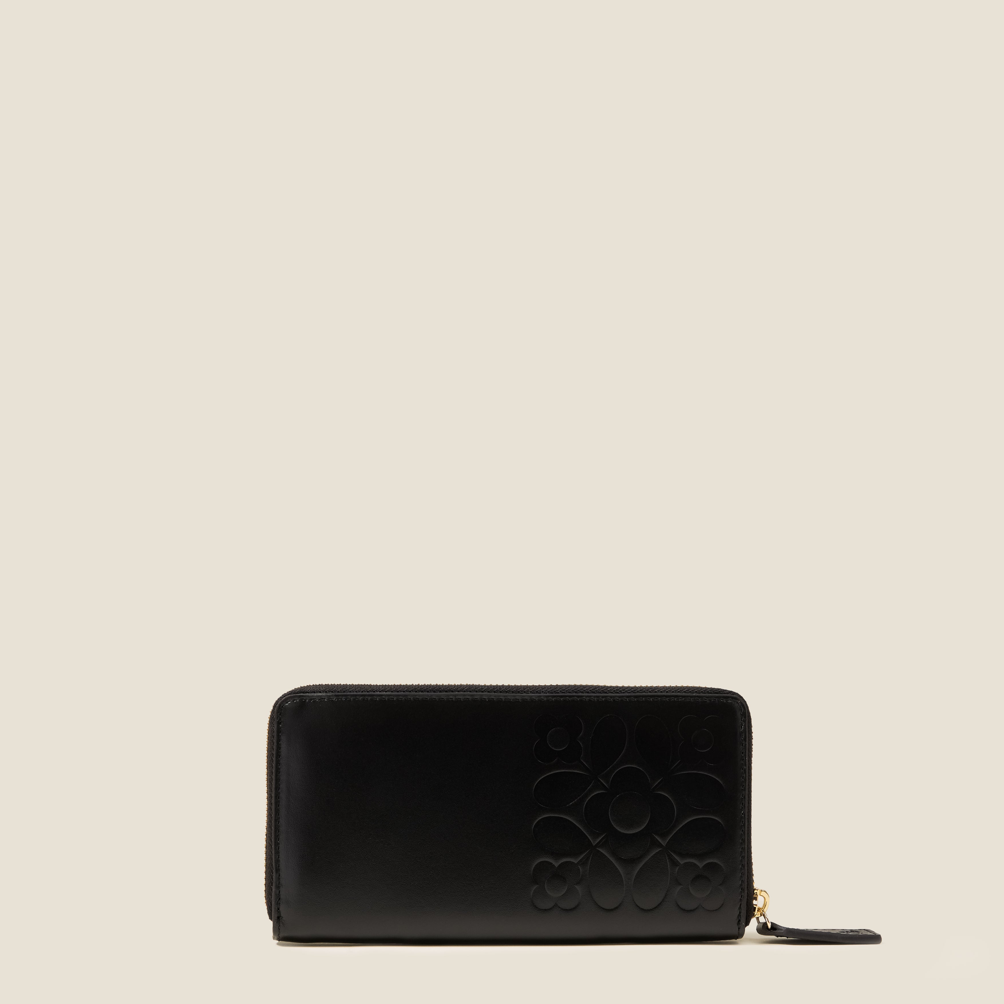 Front view of the Forget Me Not Wallet in black leather women's wallet with Orla Kiely pattern embossing.