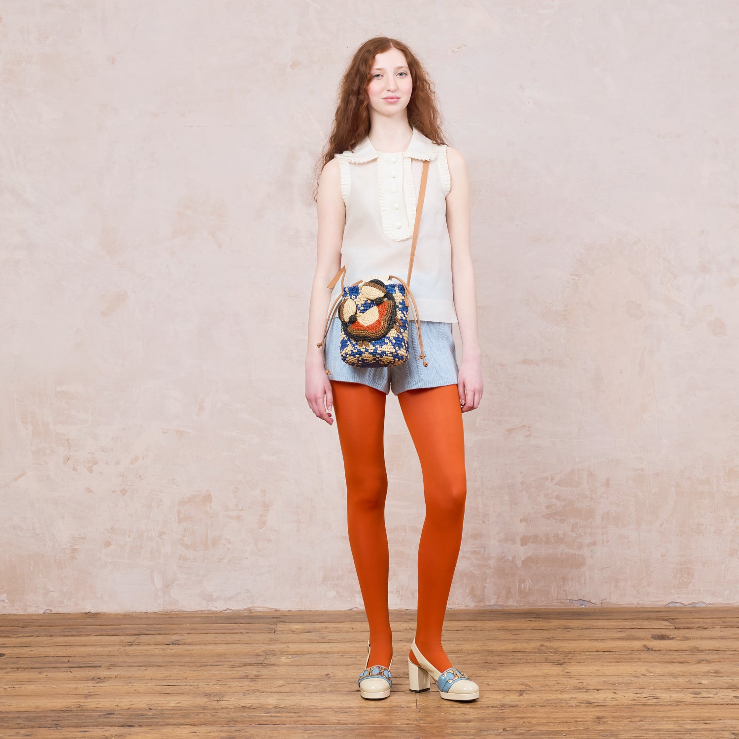Crab and Houndstooth Raffia Bucket Bag - Sea Blue