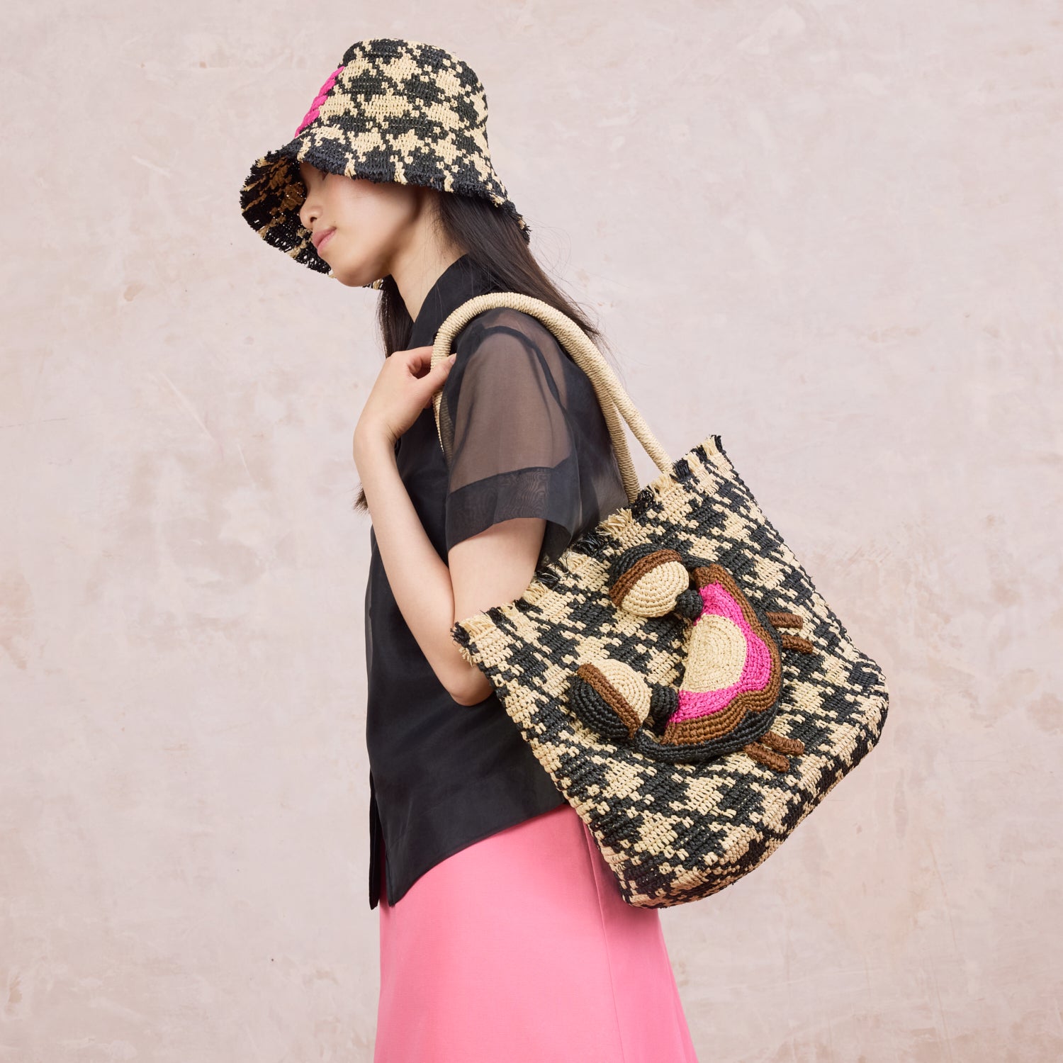 Crab and Houndstooth Raffia Tote Bag - Monochrome