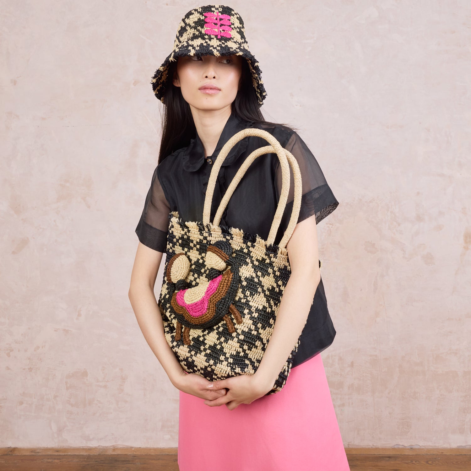 Crab and Houndstooth Raffia Tote Bag - Monochrome
