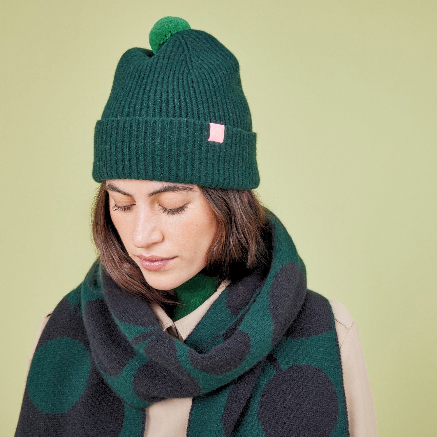 Contrast Pom Wool Beanie - Forest Black