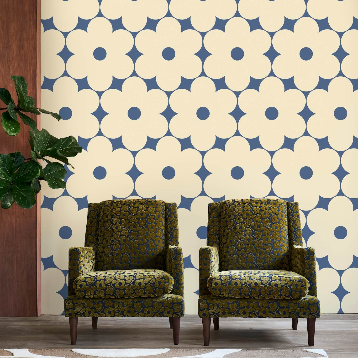 Flower Power Cream/Marine Wallpaper