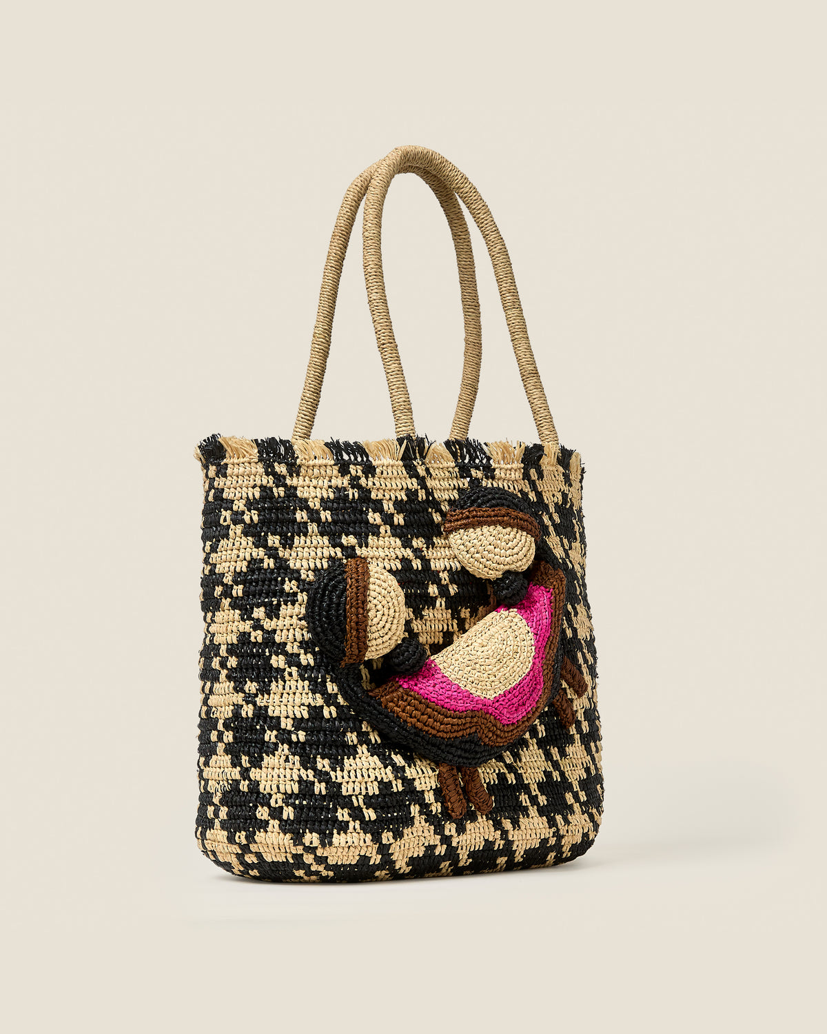 Crab and Houndstooth Raffia Tote Bag - Monochrome