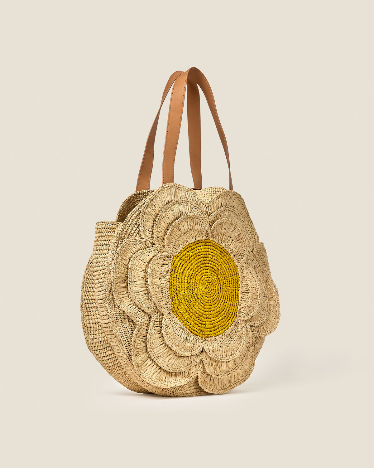 Petal Flower Round Raffia Tote Bag - Natural