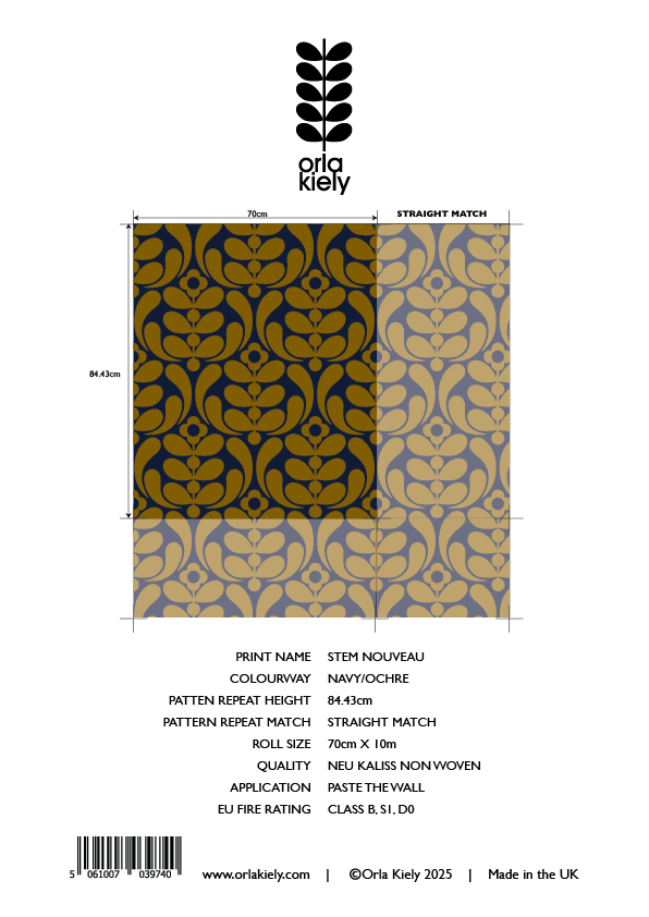 Stem Nouveau Navy/Ochre Wallpaper Sample