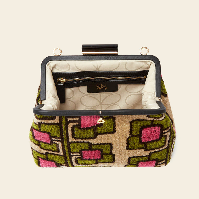 Product Image of Orla Kiely's Jenny D Velvet Crossbody Bag in Pink Flower Vine