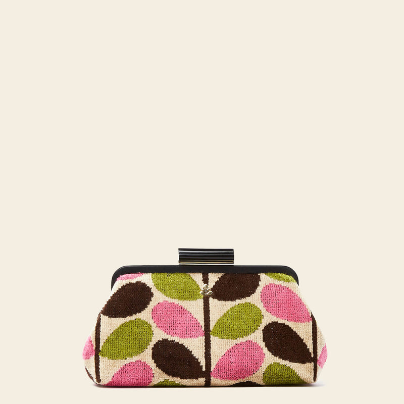 Product Image of Orla Kiely's Jenny D Velvet Clutch Bag in Pink Multi Stem