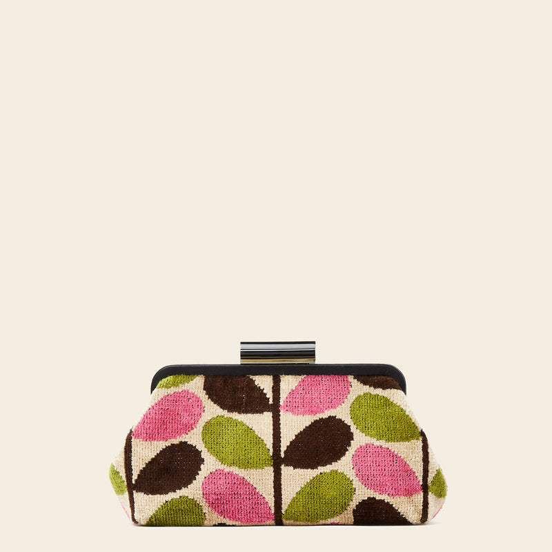 Product Image of Orla Kiely's Jenny D Velvet Clutch Bag in Pink Multi Stem