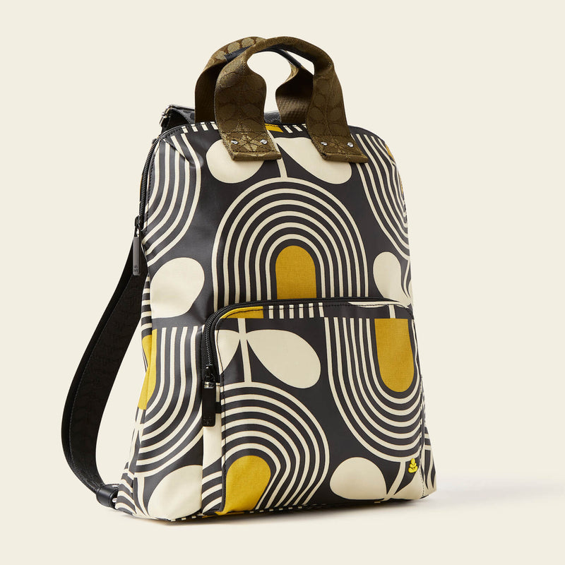 Bestie Backpack in Giant Striped Tulip Noir pattern by Orla Kiely