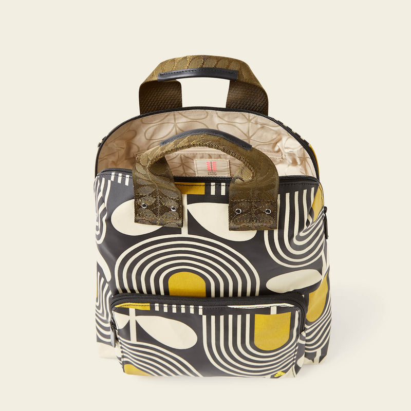 Bestie Backpack in Giant Striped Tulip Noir pattern by Orla Kiely