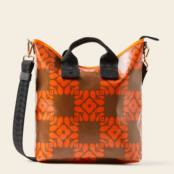 Carry Grab Bucket Bag in Lattice Flower Tile Conker pattern by Orla Kiely