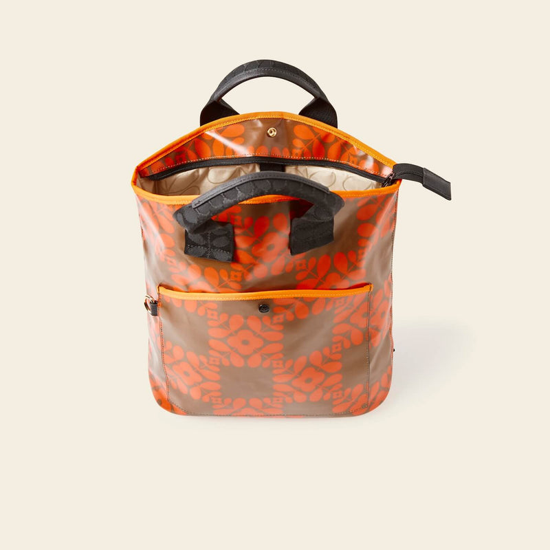 Carry Backpack in Lattice Flower Tile Conker pattern by Orla Kiely