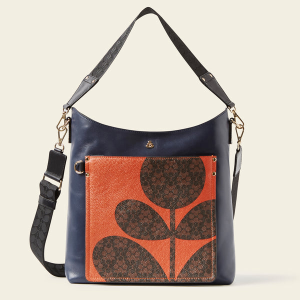 Carrymax Bucket Bag in Navy Puzzle Flower pattern by Orla Kiely