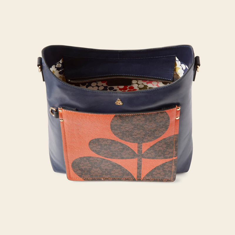 Carrymax Bucket Bag in Navy Puzzle Flower pattern by Orla Kiely