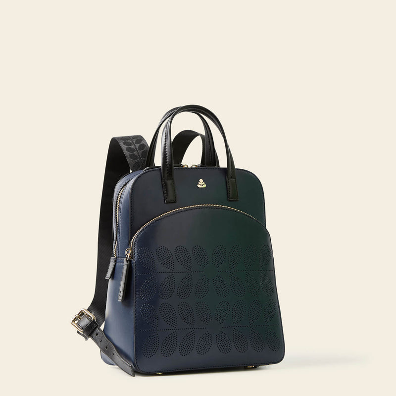 Emilia Backpack in Navy Punched Flower pattern by Orla Kiely