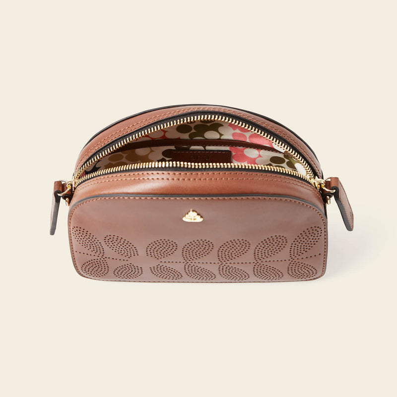 Babaluna Crossbody Bag in Tan Punched Flower pattern by Orla Kiely