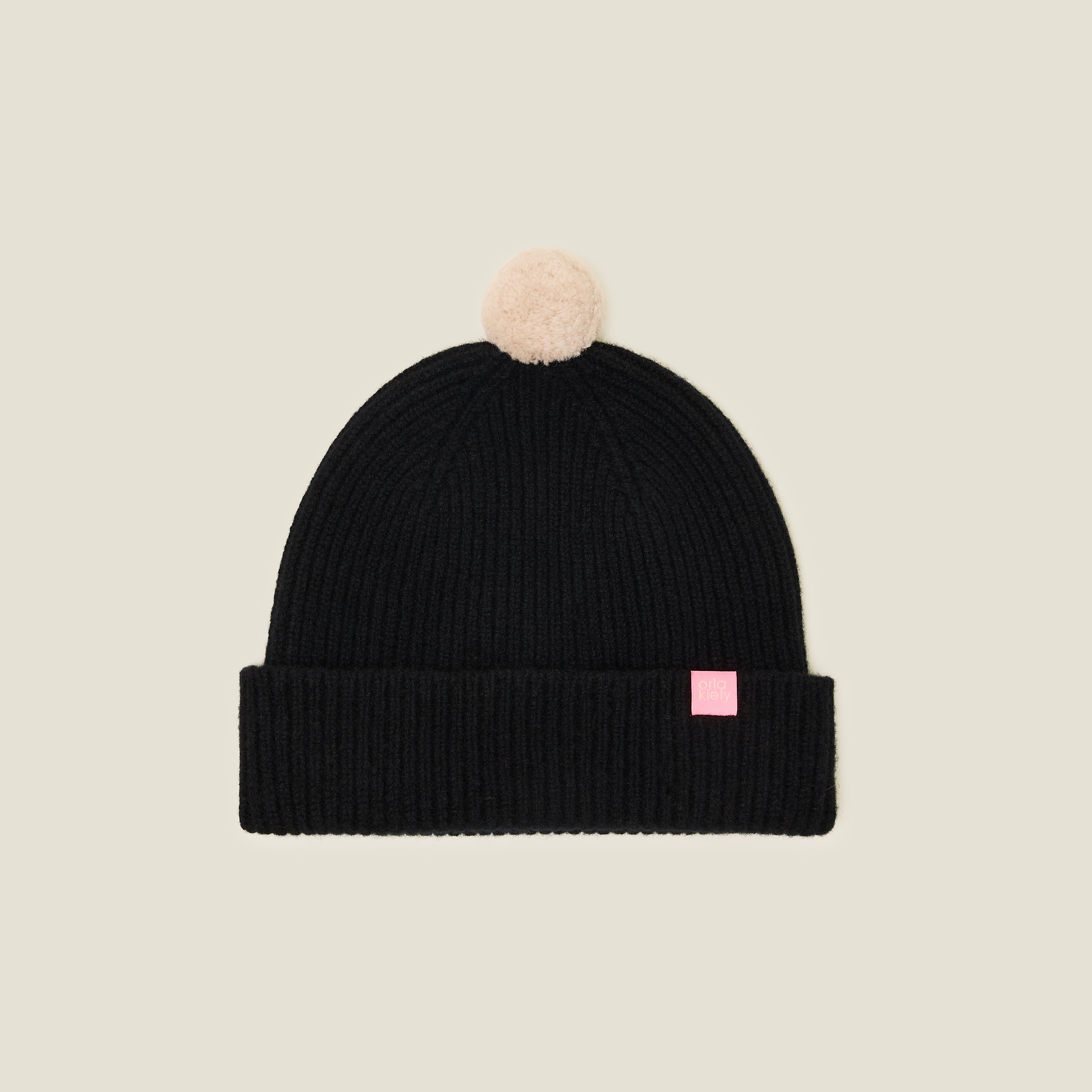 Contrast Pom Wool Beanie - Cream Black