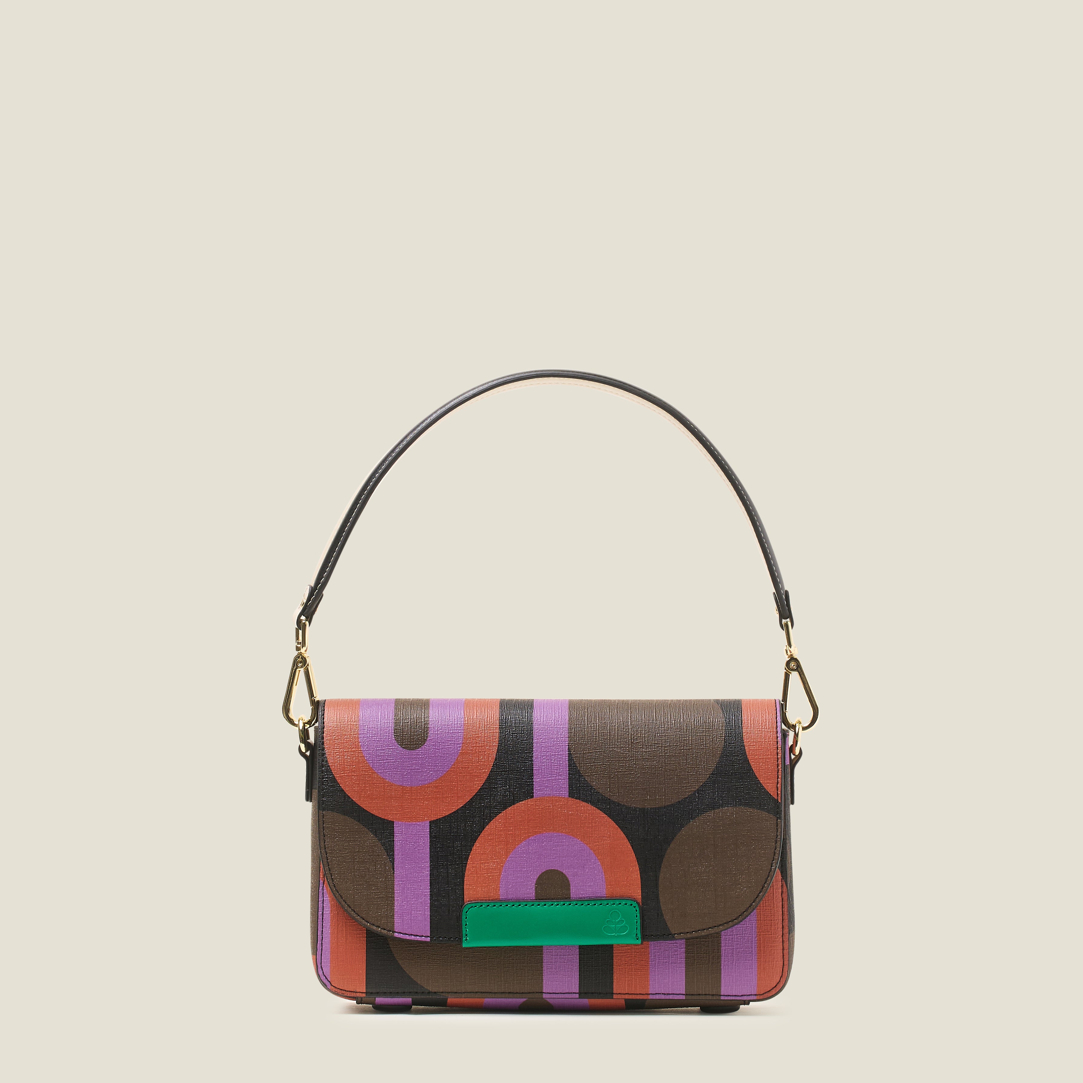 Multicoloured handbag with geometric pattern with shoulder strap and green branding.