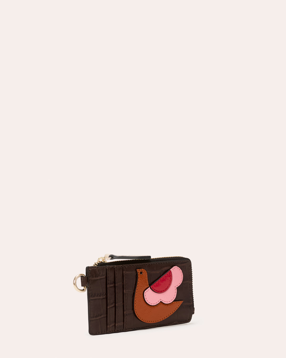 Frieda Leather Card Purse - Birdie Applique Chocolate Croc