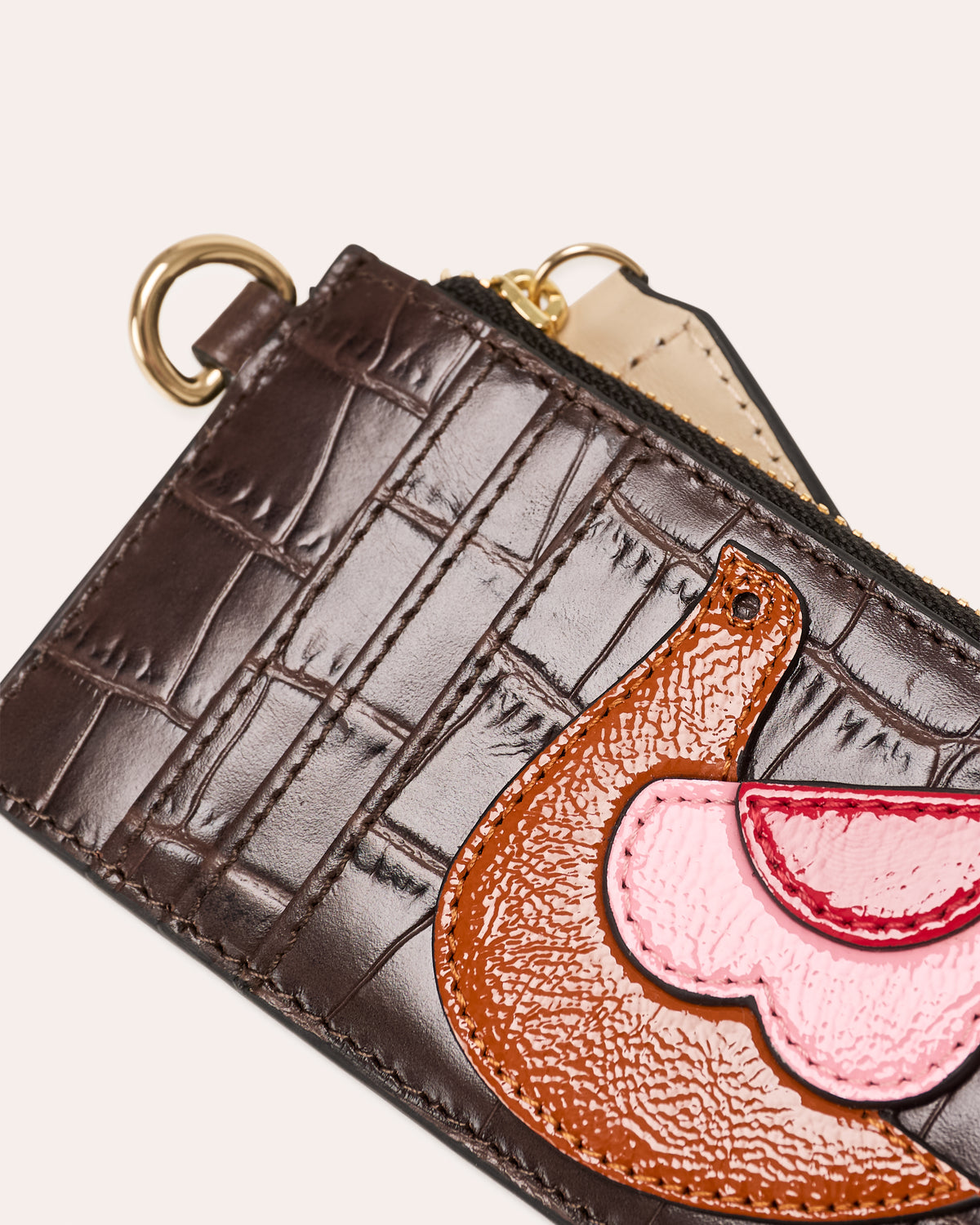 Frieda Leather Card Purse - Birdie Applique Chocolate Croc