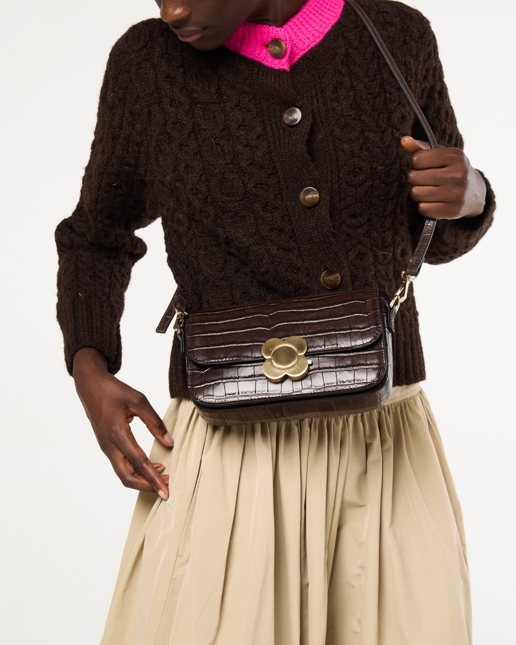 Oblong Eclipse Leather Crossbody - Chocolate Croc