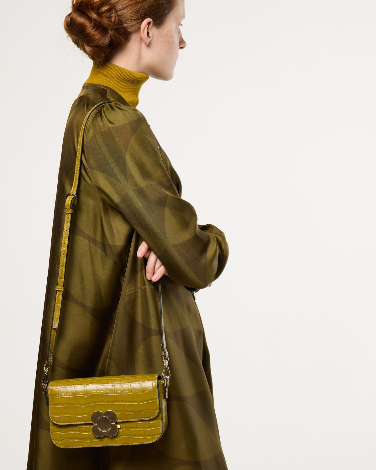 Oblong Eclipse Leather Crossbody - Green Tea Croc