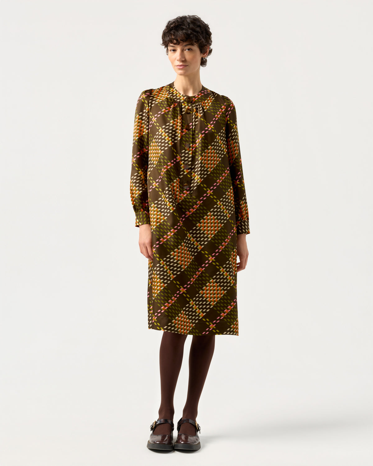 Dora Silk Dress - Cubic Check Cocoa