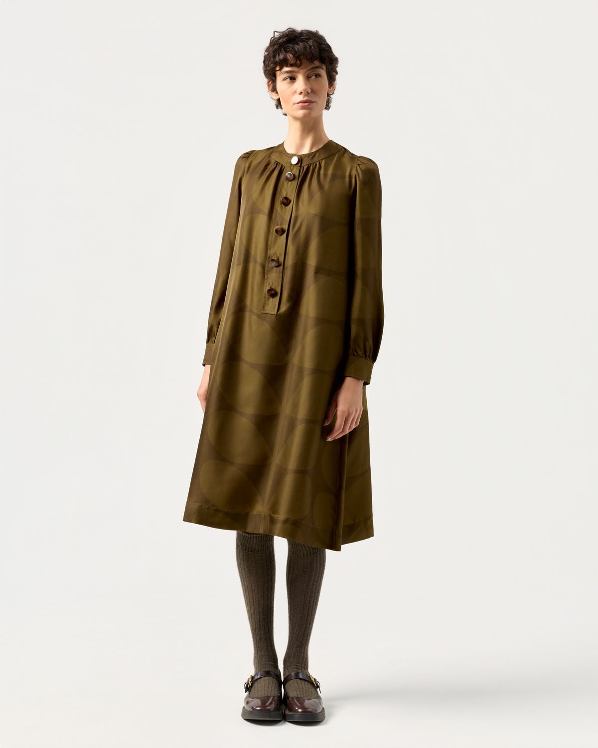 Dora Silk Dress - Solid Stem Khaki and Fern