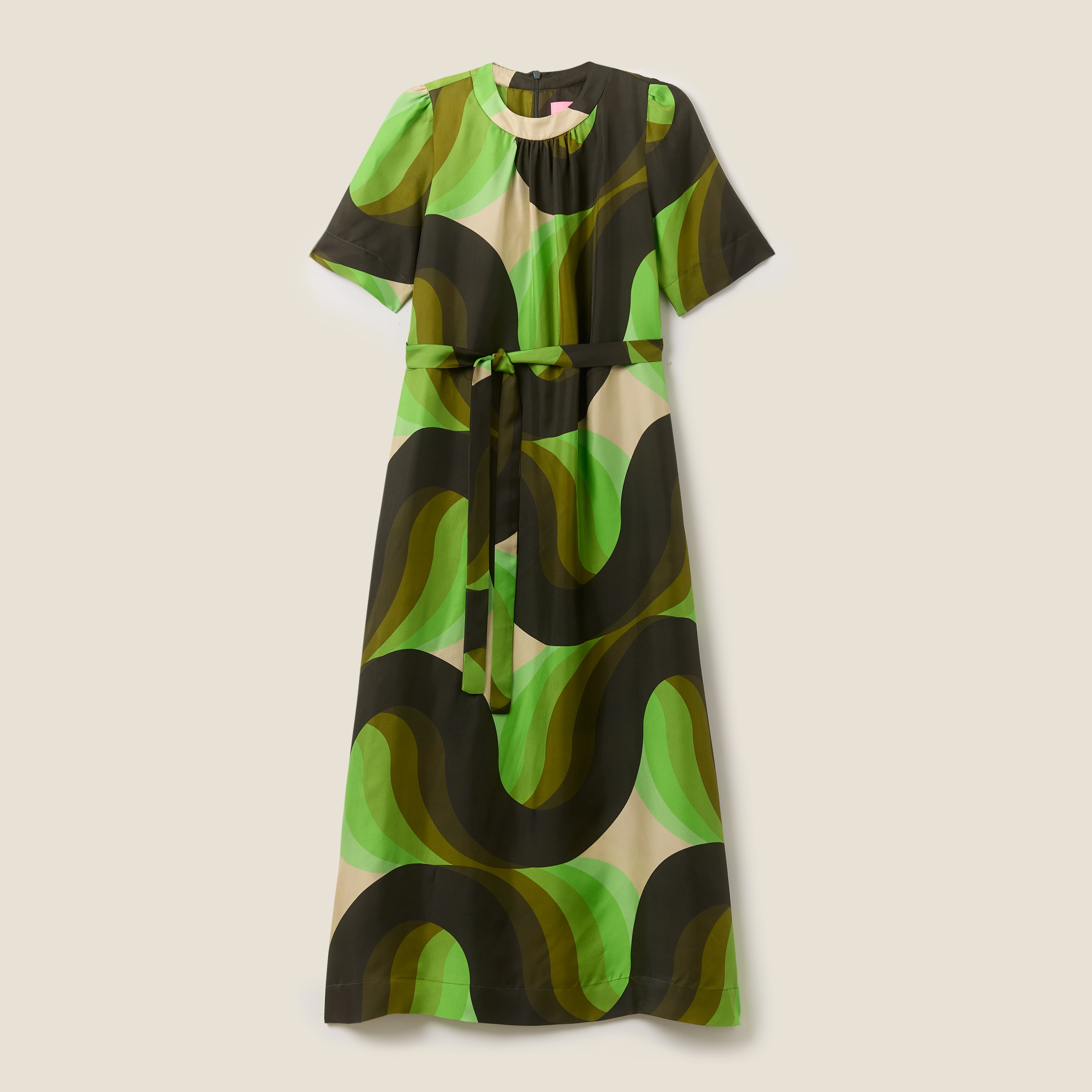 Orla Short Sleeve Belted Silk Dress Giant Rolling Wave Electra