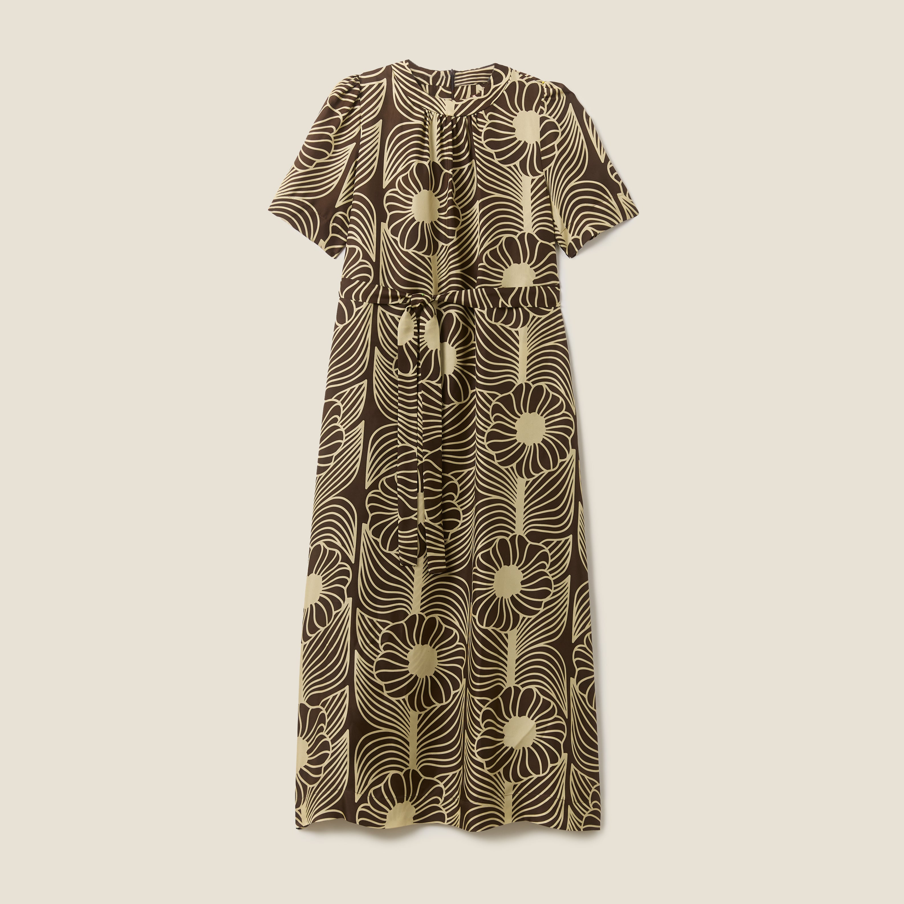 Orla Short Sleeve Belted Silk Dress Moonflower Walnut