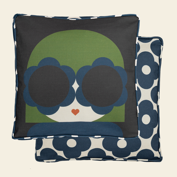 Front and back view of Orla Kiely lola cushion in navy 