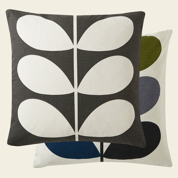 Front and rear view of linear stem multi khaki Orla Kiely cushion