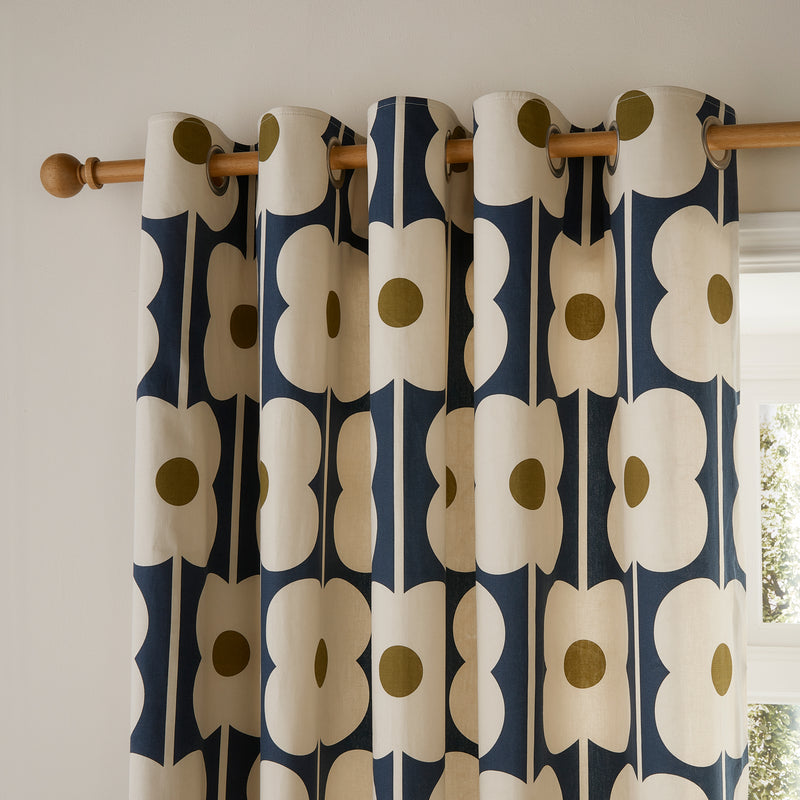 Abacus Flower Lined Eyelet Curtains - Navy