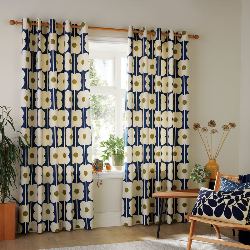 Abacus Flower Lined Eyelet Curtains - Navy