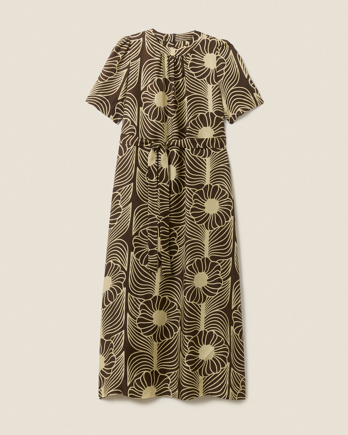 Orla Short Sleeve Belted Silk Dress Moonflower Walnut