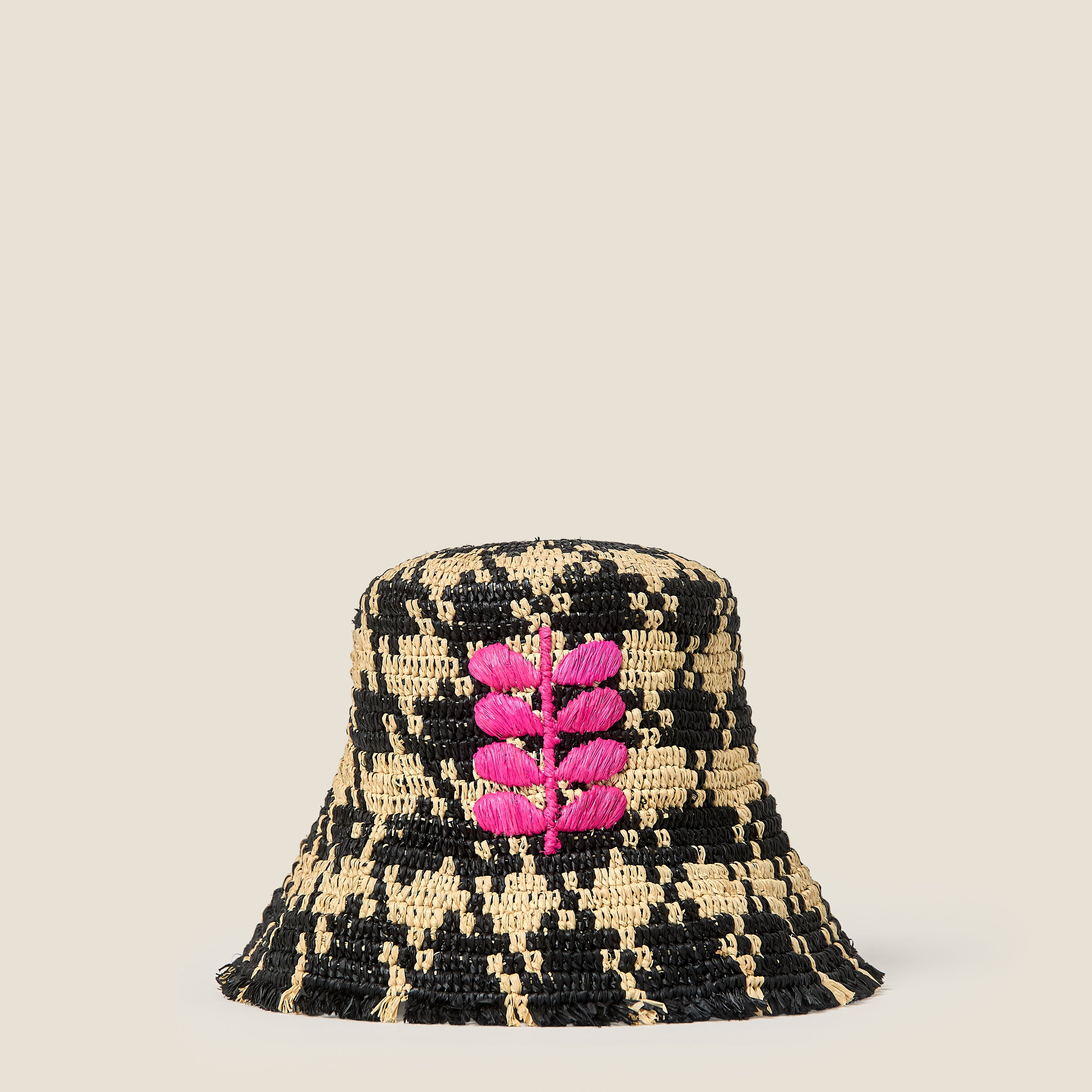 Houndstooth Raffia Bucket Hat - Monochrome