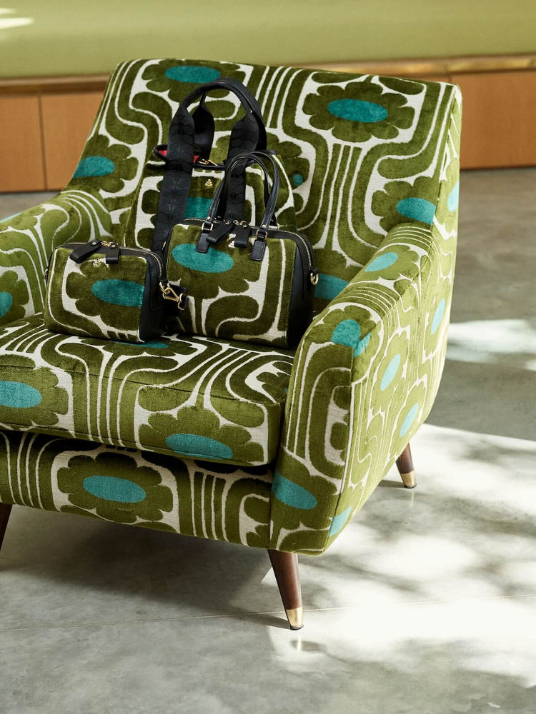 Orla Kiely velvet range hiding on a chair in the same pattern