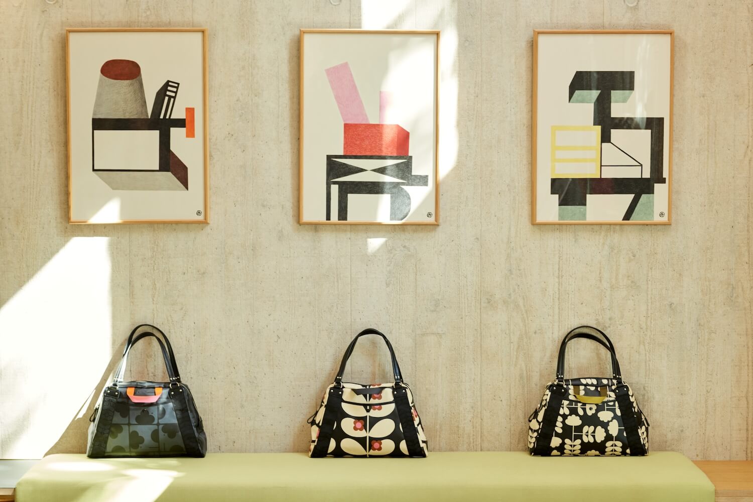 Orla Kiely sharpie bags underneath artwork