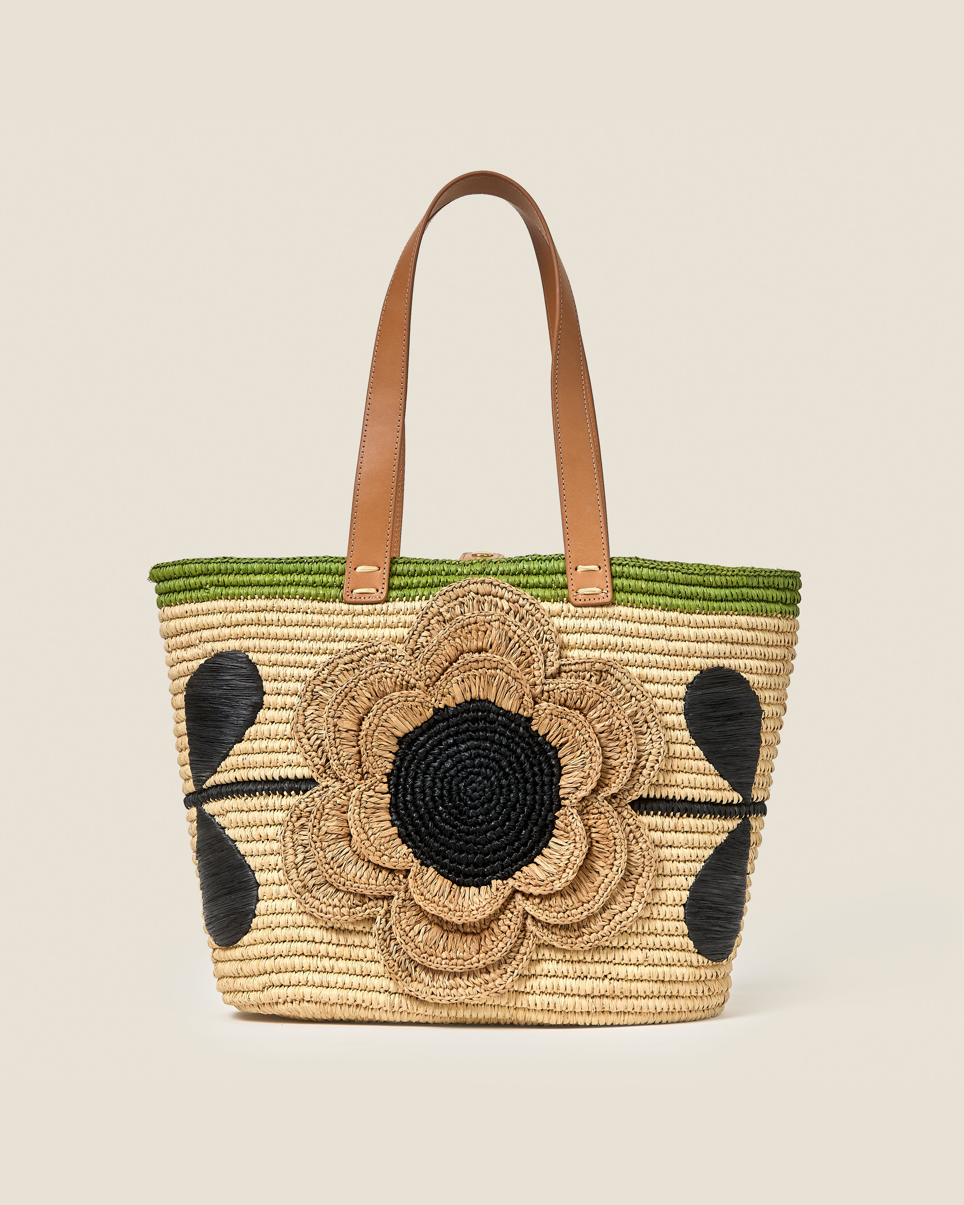 Stem Flower Monday Raffia Tote Bag - Natural