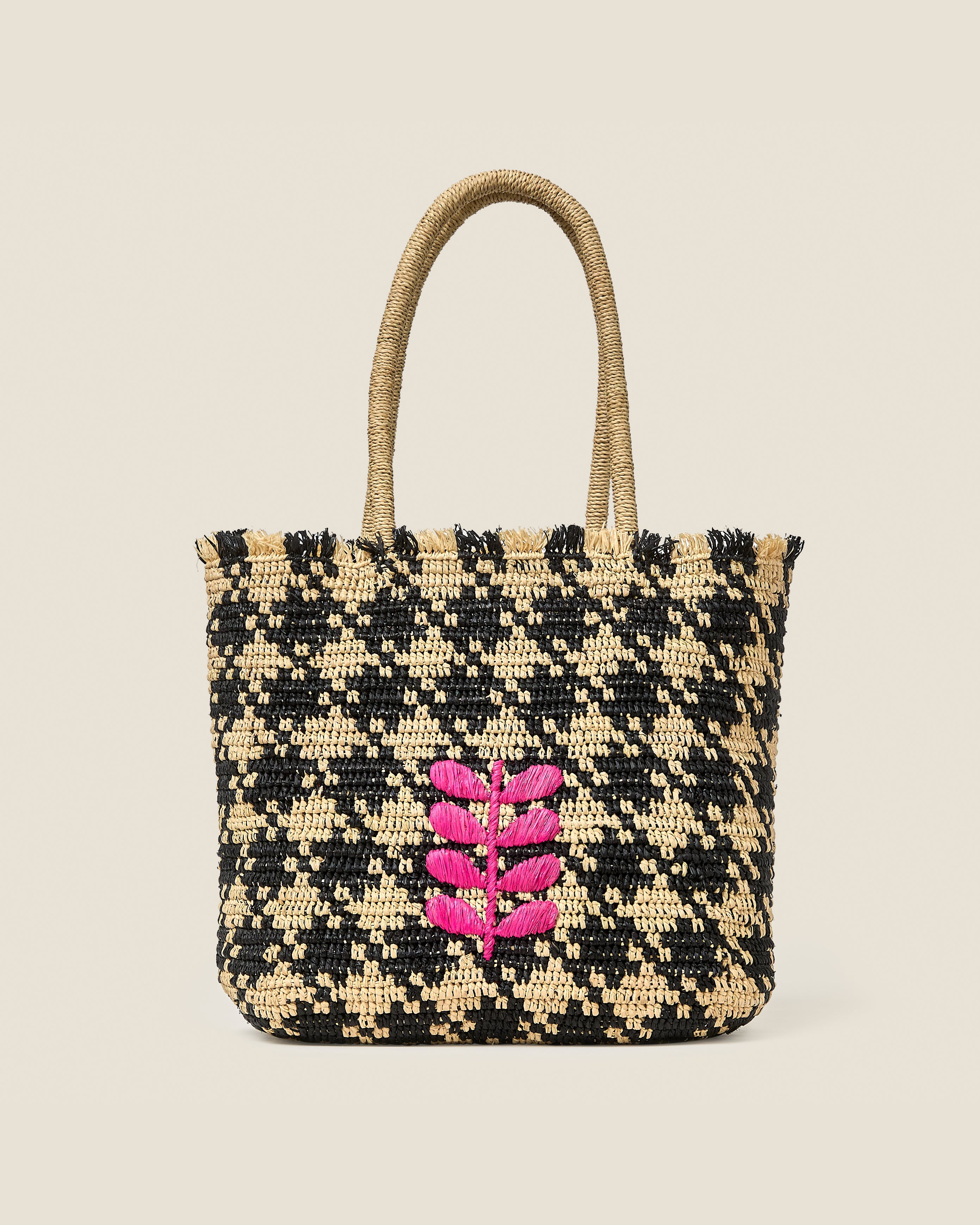 Crab and Houndstooth Raffia Tote Bag - Monochrome